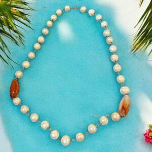 Vintage Freshwater Genuine Pearls & Carnelian Agate Stone Necklace 24”